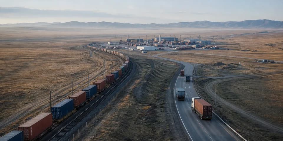 Freight train and trucks on a Eurasian route